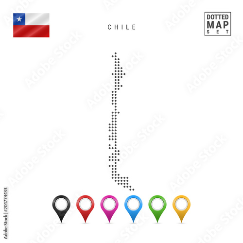Vector Dotted Map of Chile. Simple Silhouette of Chile. The National Flag of Chile. Set of Multicolored Map Markers