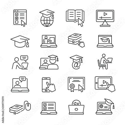 Online Education: thin vector icon set, black and white kit