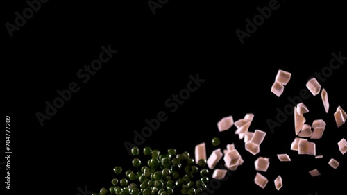 Vegetables with green peas are beautifully flown in the frame. photo