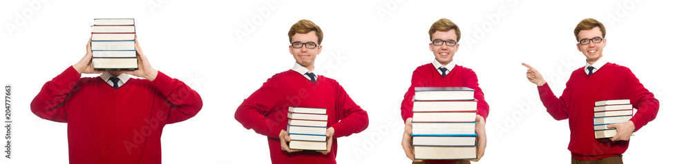 Funny student with books isolated on white Funny student with books isolated on white