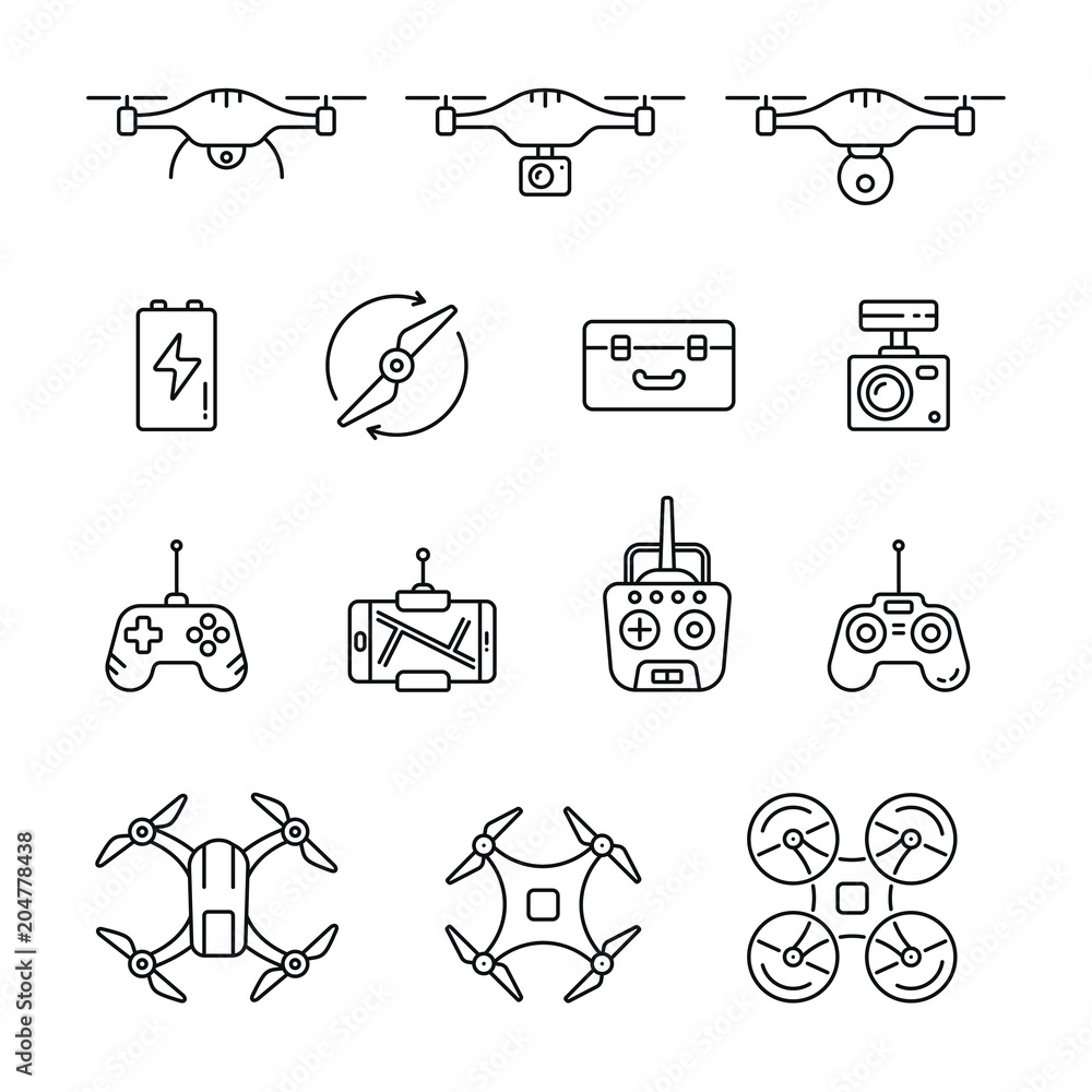 Quadrocopter and flying drone icons: thin vector icon set, black and ...