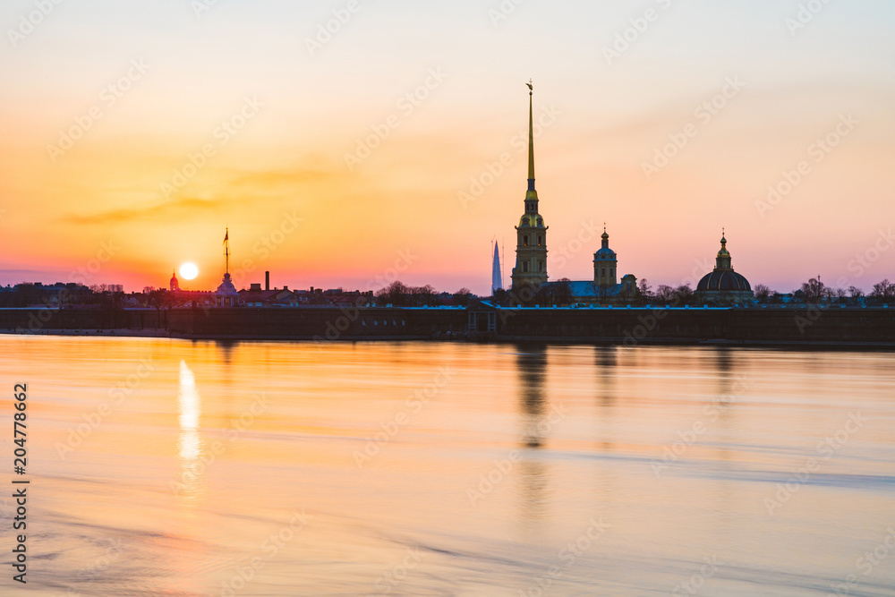 St Petersburg view at sunset with Neva river and Paul and Peter fortress