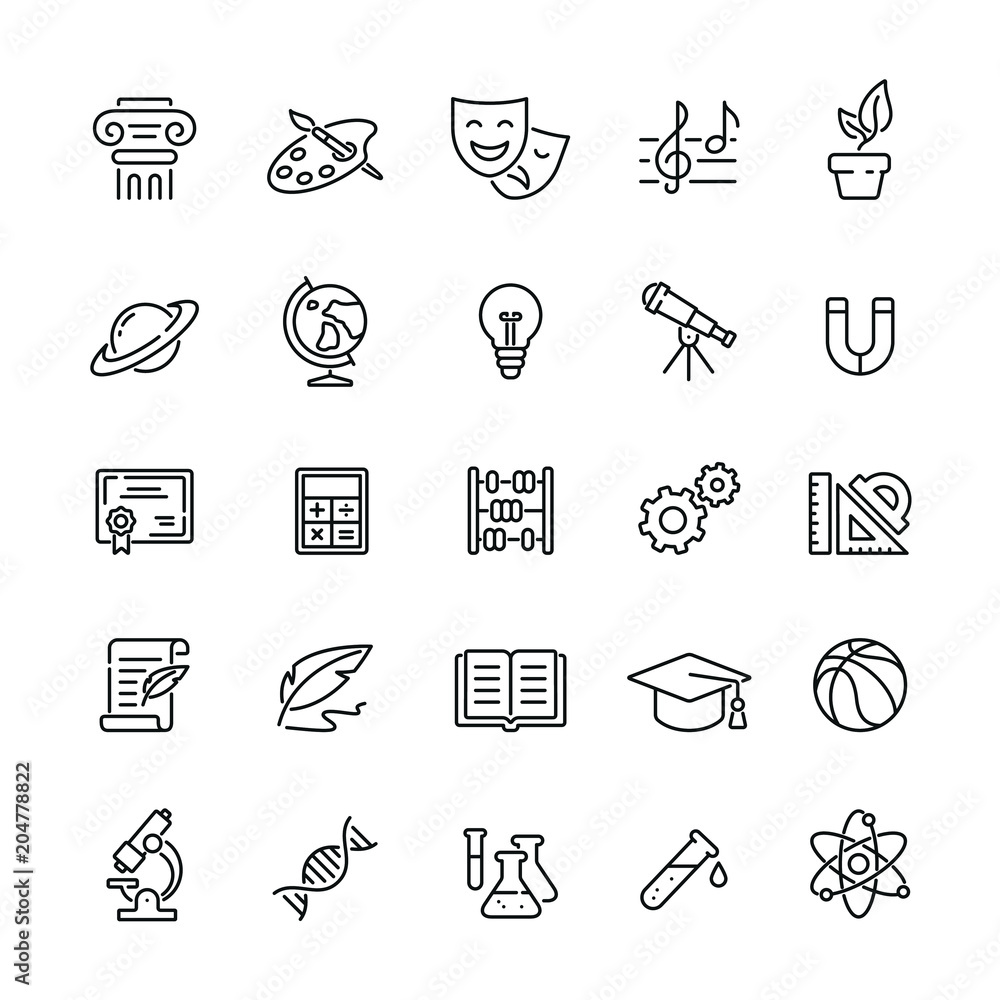 Ikony związane z przedmiotami szkolnymi: cienki wektor zestaw ikon, zestaw czarno-biały <span>plik: #204778822 | autor: Mykola</span>