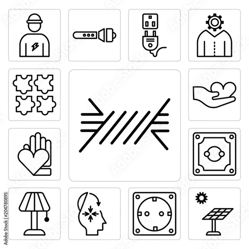 Set of Wire, Solar panel, Socket, Mind closed, Lamp, Hand, Puzzle icons