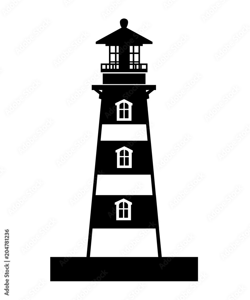 Black silhouette. Lighthouse building. Flat design style. Vector illustration isolated on white background