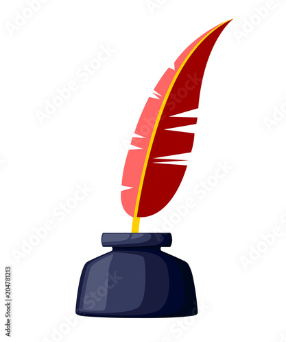 Quill and Inkwell color icon. Red writing feather. Pen symbol illustration. Vector illustration isolated on white background