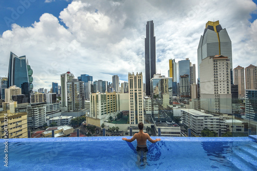 Swimming pool view of the modern skyline of Panama City ,