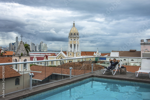 Swimming pool view of the modern skyline of Panama City ,