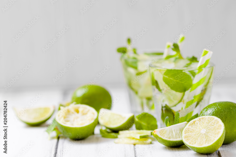 Summer refreshing cocktail mojito with lime and mint on white wooden vintage background. Summer refreshing cocktail mojito with lime and mint on white wooden vintage background.