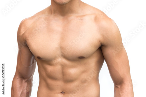 Close-up healthy muscular young man on white background