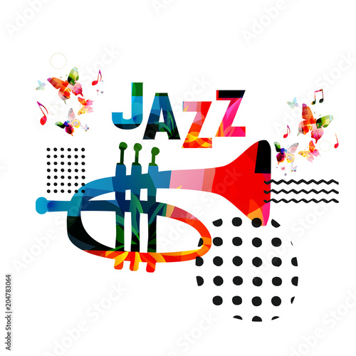 Music colorful background with trumpet vector illustration design. Music festival poster, creative trumpet design with word jazz. Typographic banner