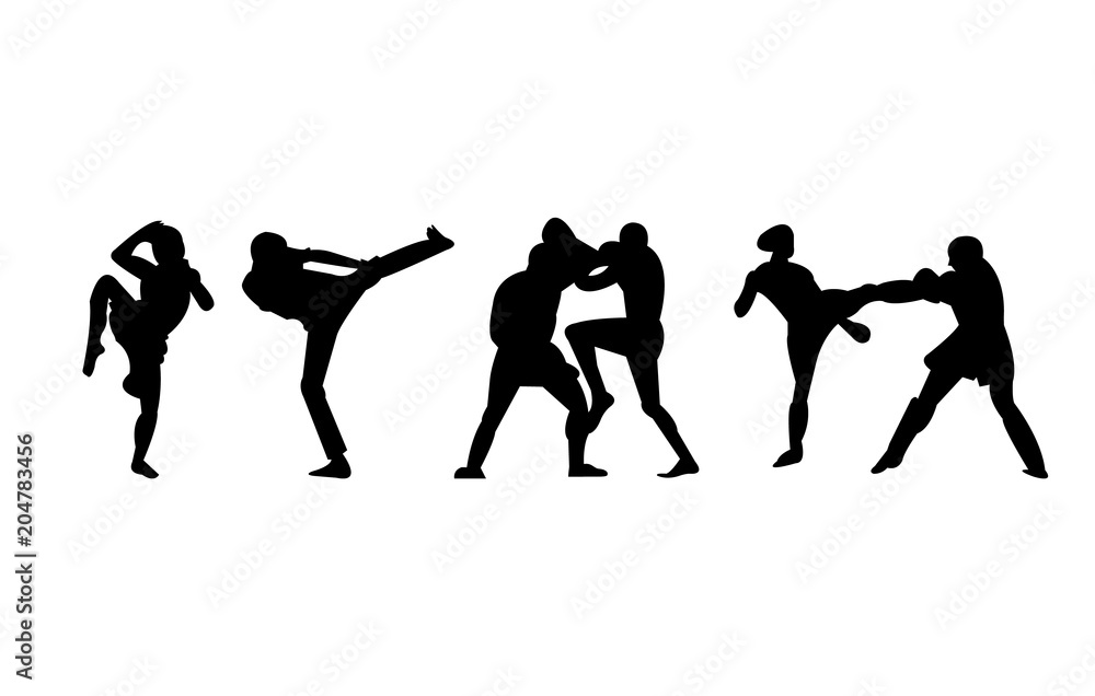 kickboxing, mma and muay thai kicks and punches silhouettes