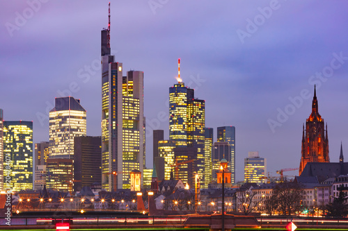 Picturesque view of business district with skyscrapers during morning blue hour, Frankfurt am Main, Germany