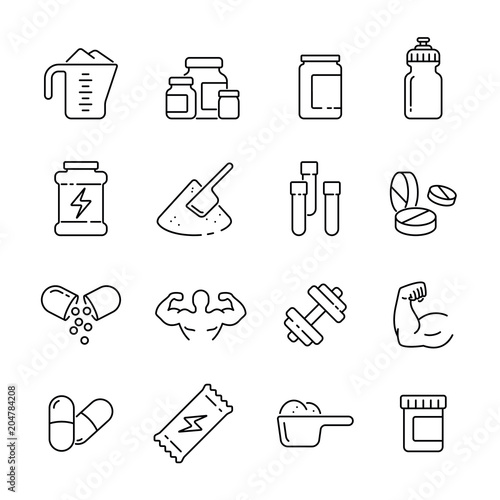 Sport supplements: thin vector icon set, black and white kit