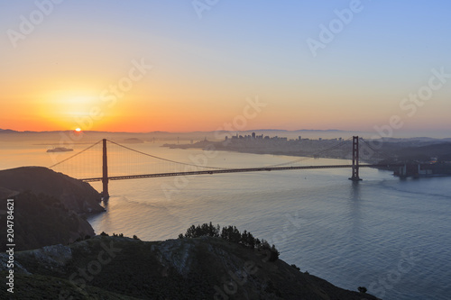 Sunrise view of the famous and beautiful Golden Gate Bridge