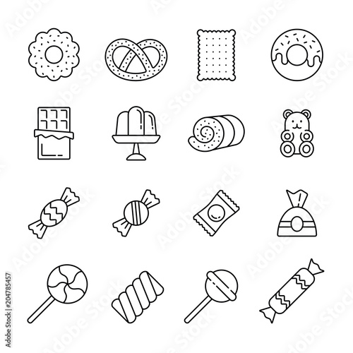 Sweets: thin monochrome icon set, black and white kit