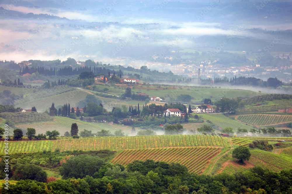 Foggy summer landscape in Tuscany, Italy, Europe