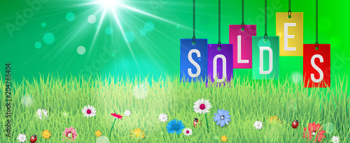 Soldes sticks. Fond graphique SOLDES avec signe de pourcentage dans le parc vert.