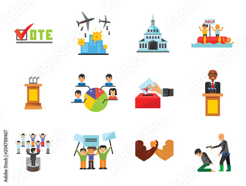Politics Icon Set. Debates Politician Politics Leadership Vote White House Demonstration Election Electorate Refugees Hostage War Combat