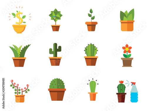 Potted Flowers Icon Set. Money Tree Cactus In Pot Cactus And Spray Bottle Plant Blooming Flower Chinese Peach Tree Cactus Red Flower Cactus In Flower Pot Tree In Pot Aloe Vera