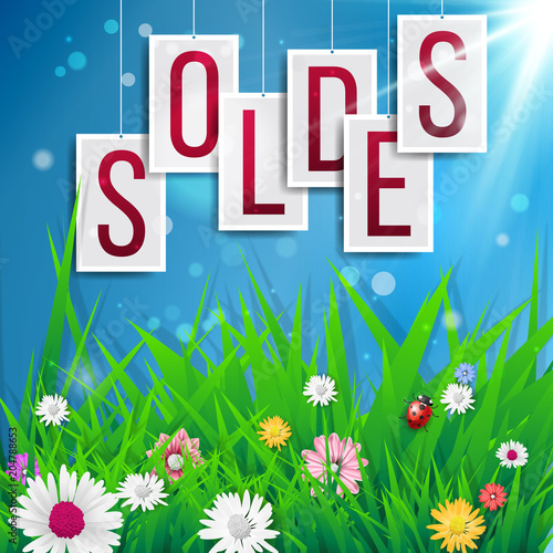 Soldes sticks. Fond graphique SOLDES avec signe de pourcentage dans le parc vert.