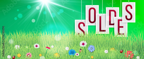 Soldes sticks. Fond graphique SOLDES avec signe de pourcentage dans le parc vert.