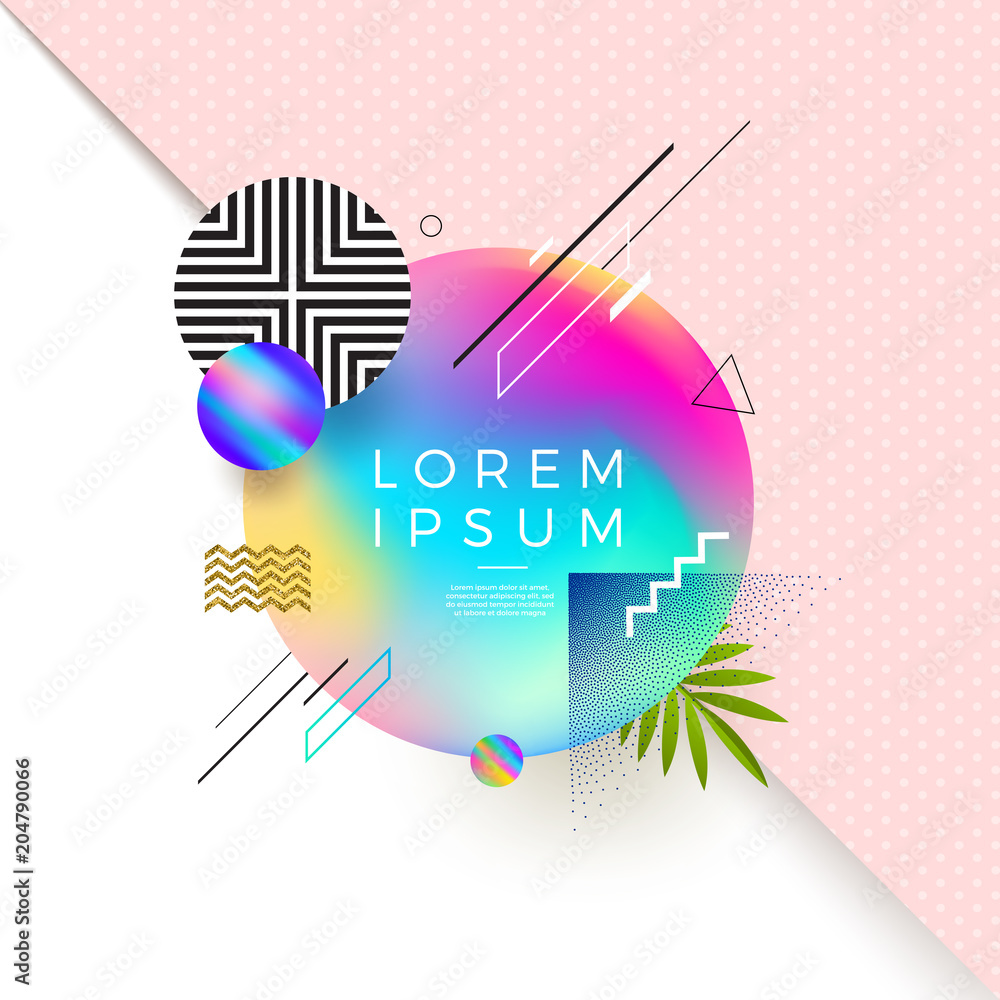 Vector astract design with multicolored gradient banner for text or message and different geometric, linear and stipple shapes. Abstract multicolored composition.