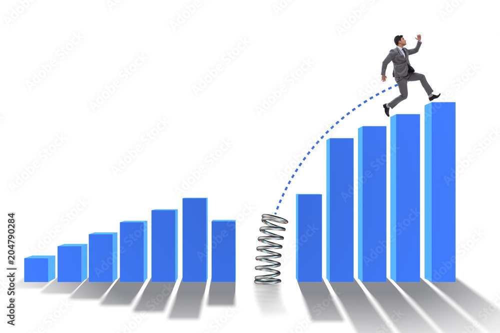 Business people jumping over bar charts Business people jumping over bar charts