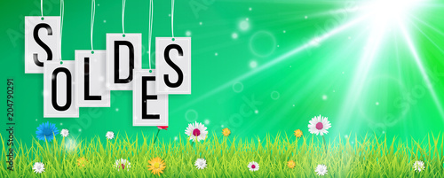 Soldes sticks. Fond graphique SOLDES avec signe de pourcentage dans le parc vert.