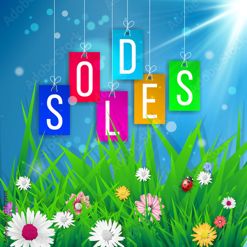 Soldes sticks. Fond graphique SOLDES avec signe de pourcentage dans le parc vert.