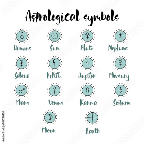 Astrology doodle symbols. Set of astrological graphic design elements.