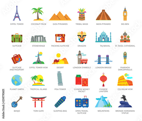 Set of 33 flat vector icons representing travelling and tourism concepts