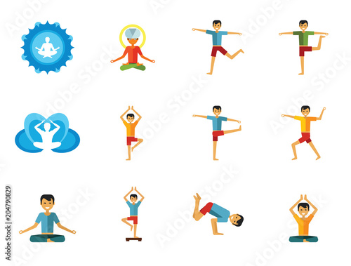 Yoga Icon Set. Infinity Meditation Handstand Virabhadrasana Lotus Position Yoga Sign Man Meditating Yogi Man Doing Yoga Man Doing Exercises Vrksasana Virabhadrasana Virasana