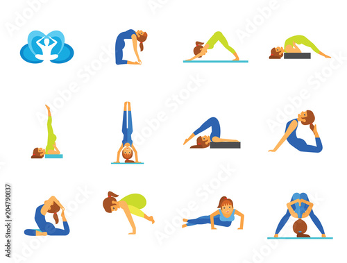 Yoga Icon Set. Meditation Rajakapotasana Sarvangasana Halasana Ustrasana Astavakasana Bakasana Handstand Virabhadrasana Svanasana Prasarita