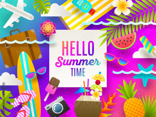 Flat design vector illustration. Summer holidays and beach vacation things and items on a bright gradient background.