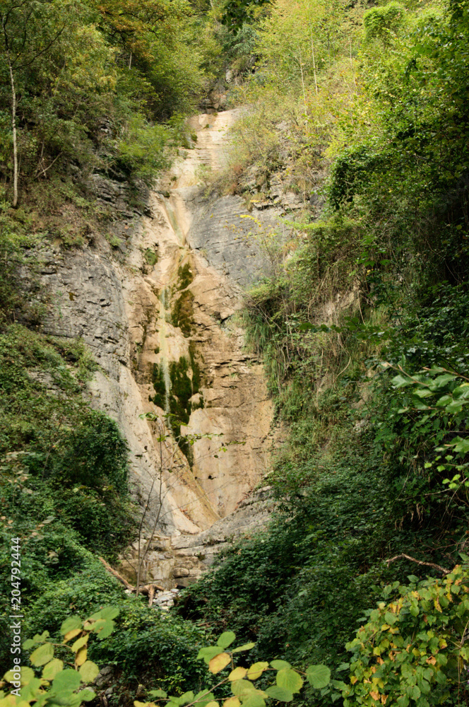 Seasonal waterfall on exposed outcrop in woods near Quinten, Swiss Alps Seasonal waterfall on exposed outcrop in woods near Quinten, Swiss Alps