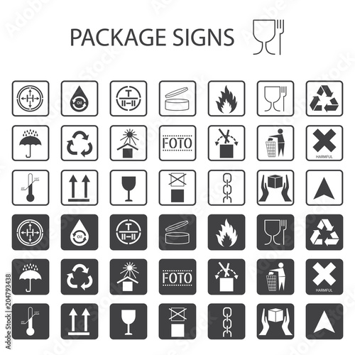 Vector packaging symbols on white background. Shipping icon set including recycling, fragile, the shelf life of the product, flammable, non-toxic material, this side up, other symbols. 