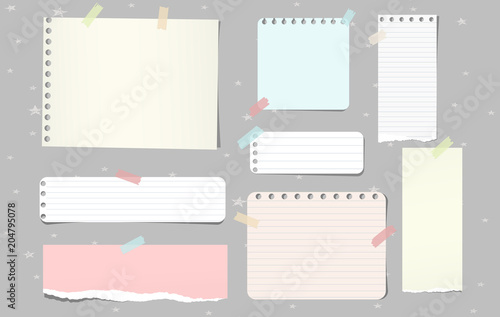 Colorful torn note paper pieces, notebook sheets for text stuck on grey background. Vector illustration.