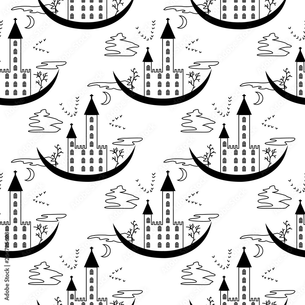 Pattern on a theme of halloween with the lock from contours and trees. Black white pattern with a lock, bats, trees, windows and clouds from contours and simple figures