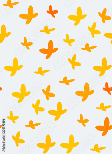 Pattern of orange and yellow butterflies flying upwards. Seamless pattern of flying butterflies for paper embossing, bright colors and gentle shapes from simple shapes.