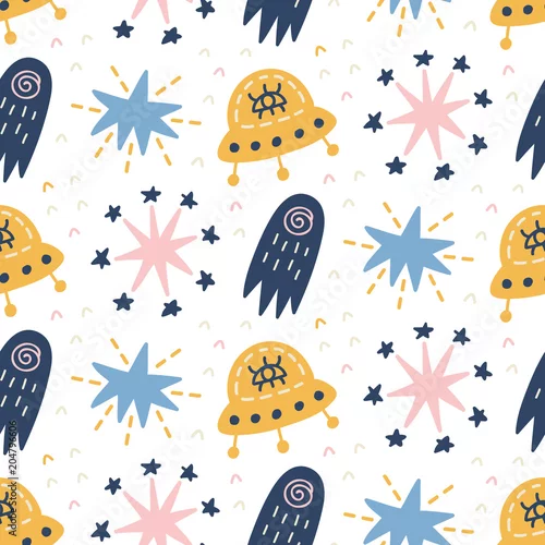 Tapety Kosmiczna galaktyka dziecięca bez szwu z UFO, gwiazdami, kometami, elementami kosmicznymi