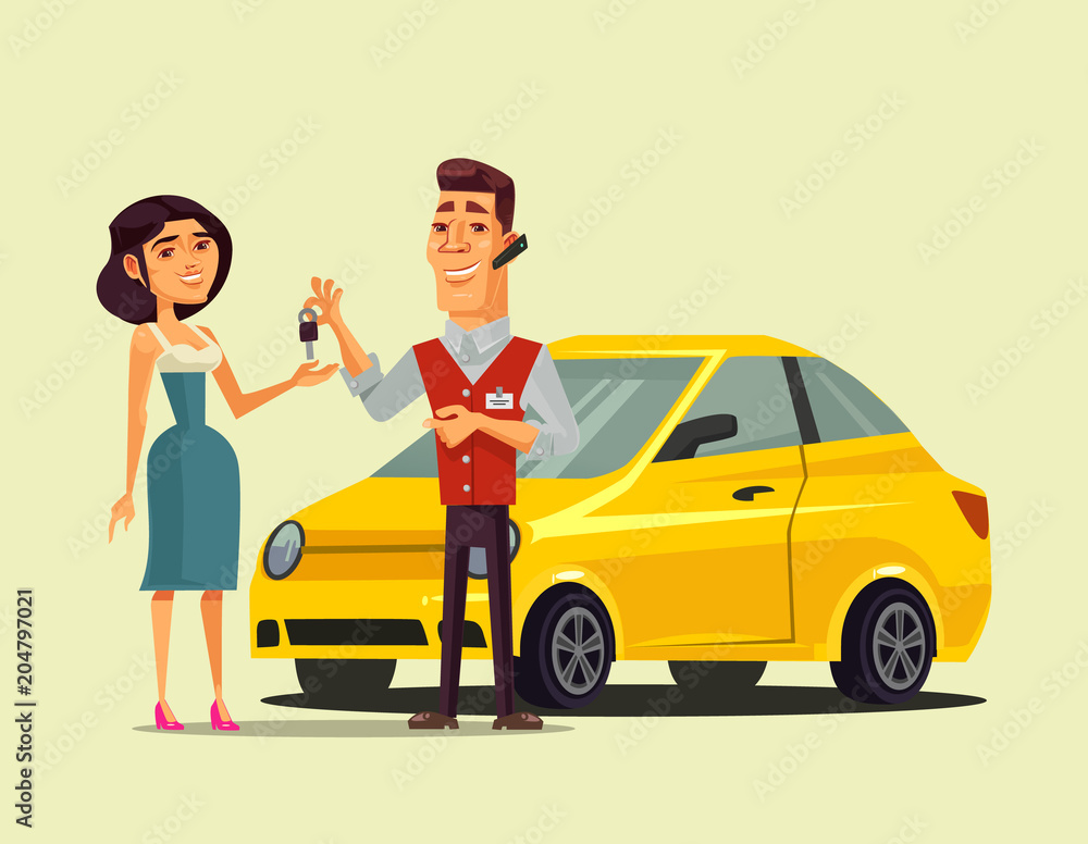 Rich happy smiling woman character buying car and seller manager man giving key to her. Transportation sale retail flat cartoon isolated vector illustration
