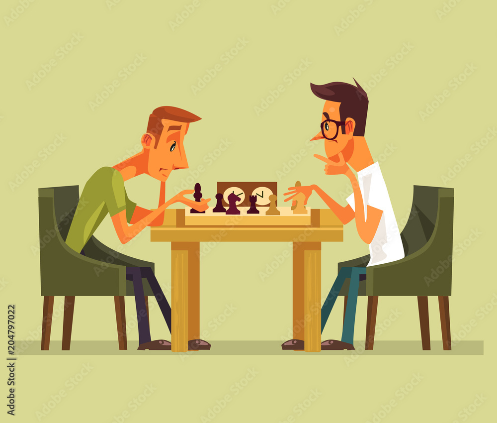 Two thinking smart players man characters playing chess. Strategy game  checkmate isolated cartoon vector illustration element Stock Vector | Adobe  Stock