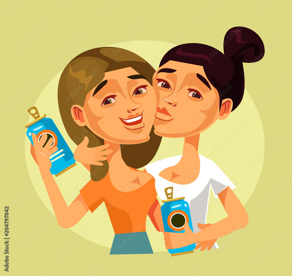 Two happy smiling young girls women best friends characters drinking beer and having fun. Party holiday celebration design graphic flat isolated cartoon illustration Stock Vector | Adobe Stock Two happy smiling young girls women best friends characters drinking beer and having fun. Party holiday celebration design graphic flat isolated cartoon illustration Stock Vector | Adobe Stock