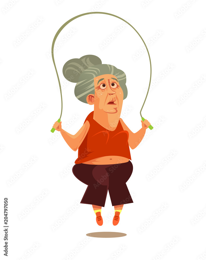 Happy smiling old woman grandma doing exercise workout fitness. Active healthy lifestyle retirement cartoon flat isolated illustration Happy smiling old woman grandma doing exercise workout fitness. Active healthy lifestyle retirement cartoon flat isolated illustration