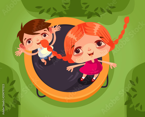 Two happy smiling children brother sister boy and girl character jumping trampoline and having fun. School holidays summer time childhood isolated cartoon vector illustration