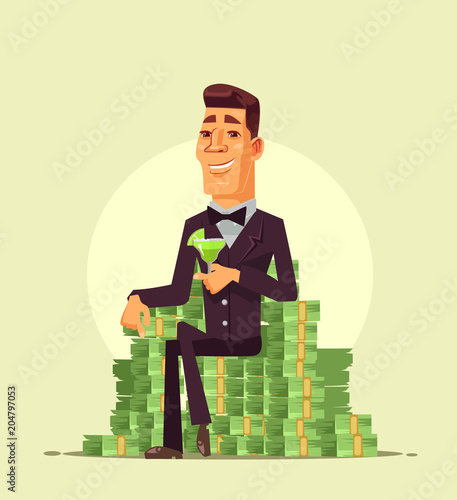 Rich wealthy happy smiling businessman worker entrepreneur character sitting on pile stack heap of money and drinking cocktail. Successful life cartoon flat isolated illustration