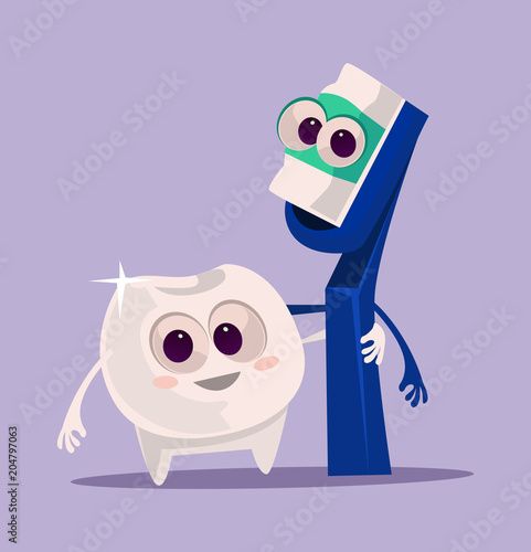 Happy smiling toothbrush and toothpaste characters hugging best friends. Oral dental hygiene tooth medical cartoon flat isolated illustration