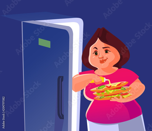 Happy smiling fat big woman standing near refrigerator and eating burger over night. Unhealthy eat fast food lifestyle cartoon flat isolated illustration