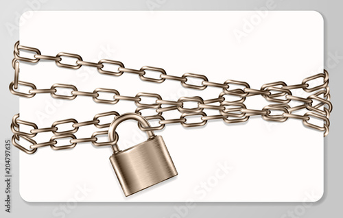 The realistic  brown metal chain and padlock, handcuffed card, vector illustration
